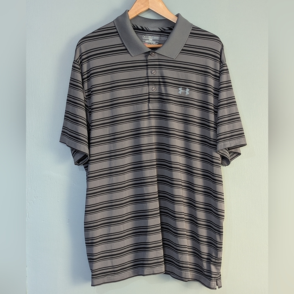 Under Armour Polo Shirt Mens 2XL Loose Black Gray Striped Heatgear Golf Polo
